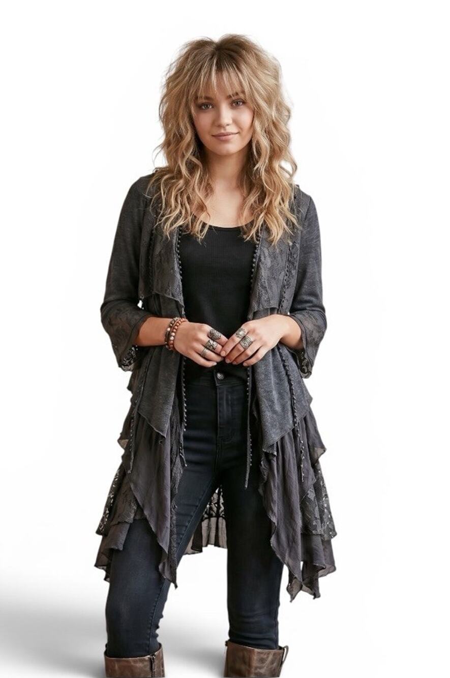 Pretty Angel Goth Black Stevie Linen Layers Of Lace Dark Witchy Boho Top SMALL